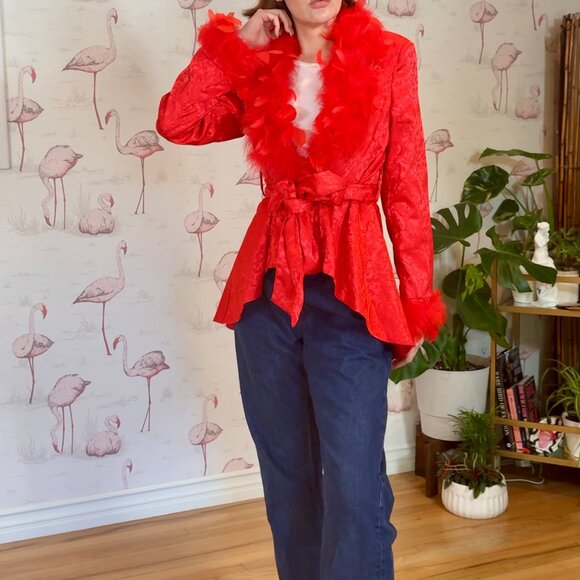 Dollskill Red Brocade and Feather Jacket Size M - Picture 3 of 9